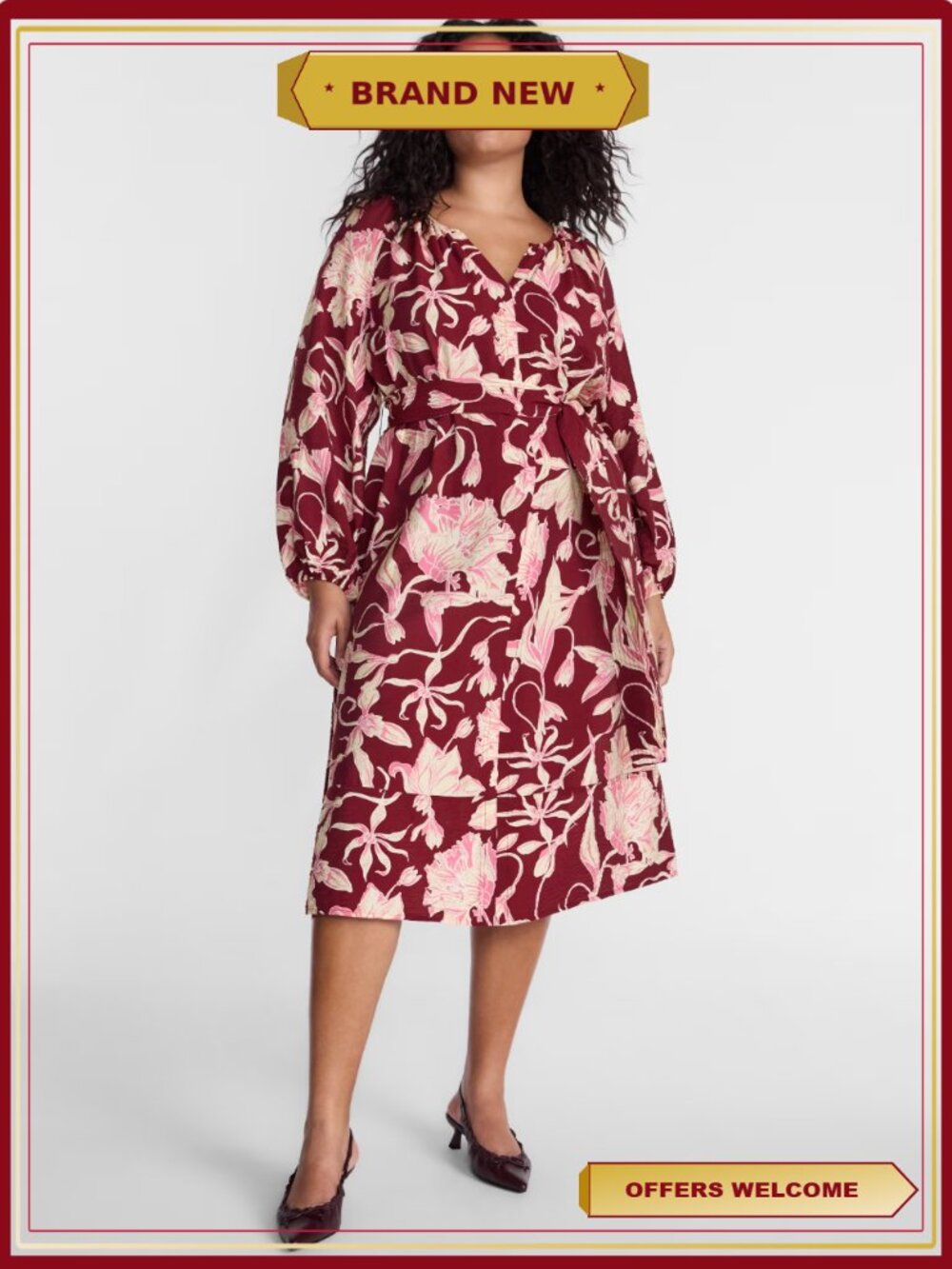 Plus Tie Waist Midi Dress Long Puff Sleeves